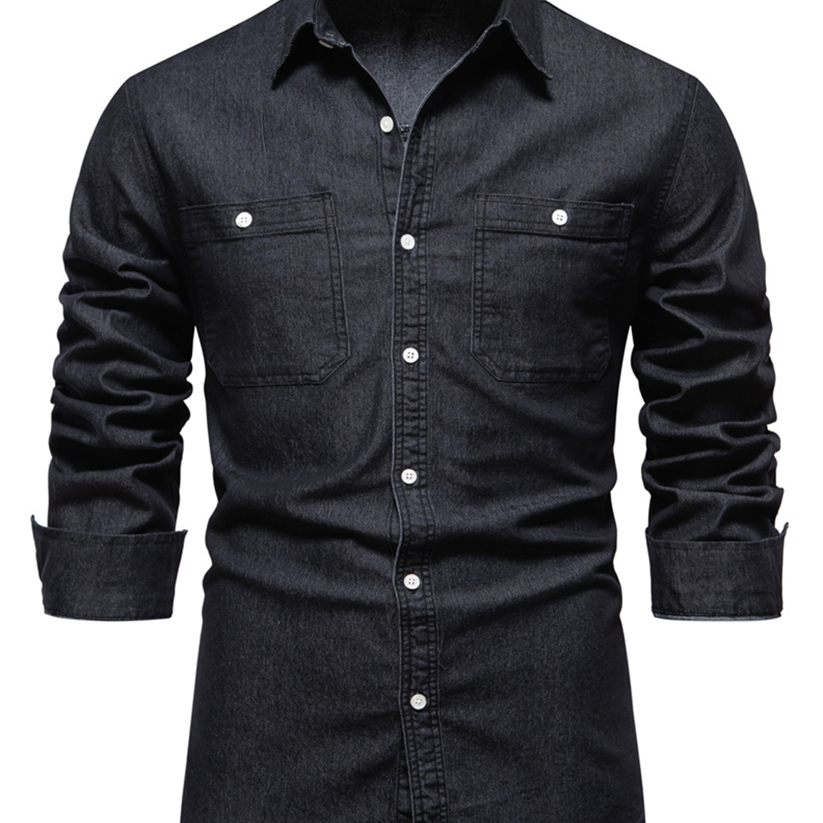 Chemise à manches longues en coton denim de couleur unie pour hommes