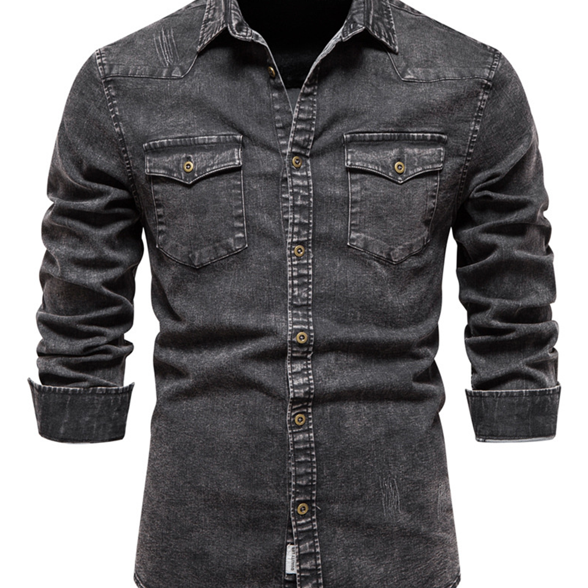 Chemise à manches longues décontractée en coton denim rétro pour hommes, couleur unie, poche