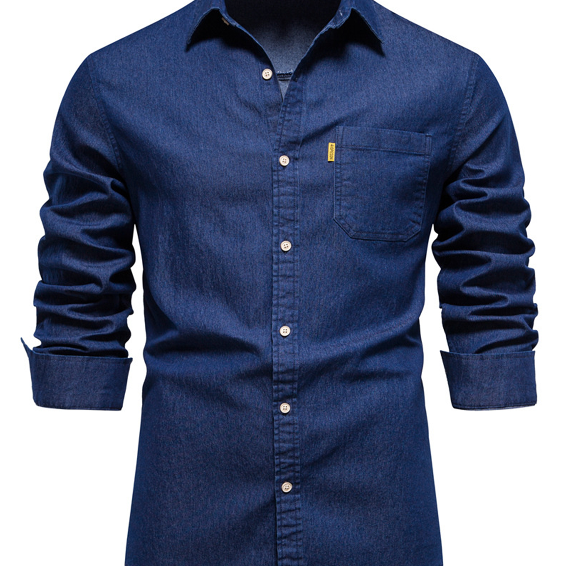 Chemise décontractée à manches longues en coton denim avec poche de couleur unie pour hommes