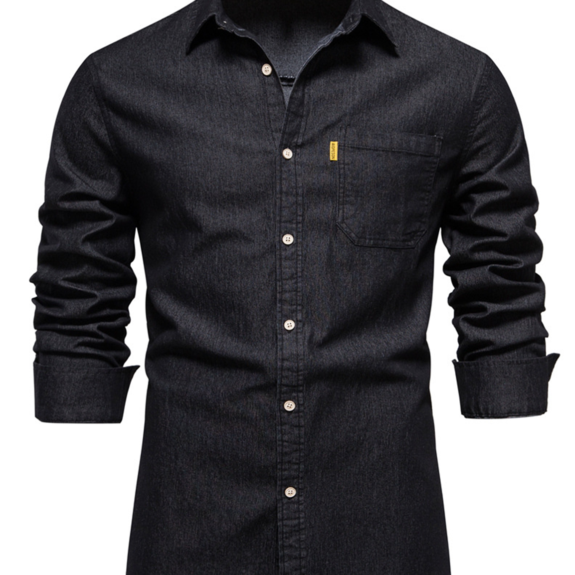 Chemise décontractée à manches longues en coton denim avec poche de couleur unie pour hommes