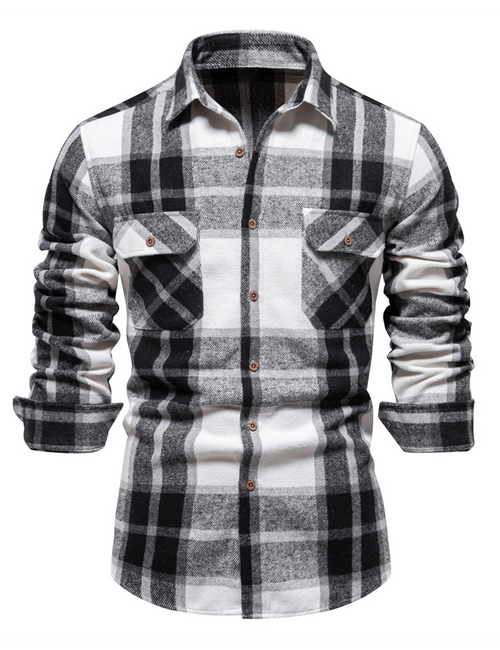 Chemise décontractée à manches longues et boutonnée avec poche à carreaux pour hommes