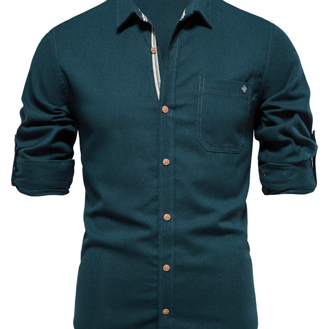Chemise décontractée en coton de couleur unie avec poche boutonnée à manches longues pour hommes