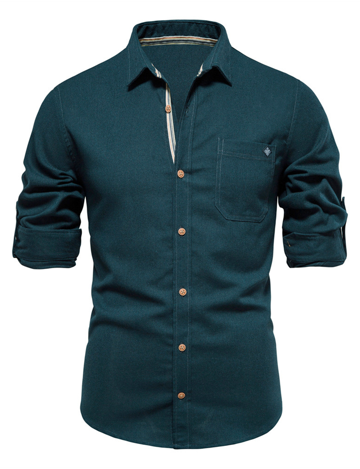 Chemise décontractée en coton de couleur unie avec poche boutonnée à manches longues pour hommes