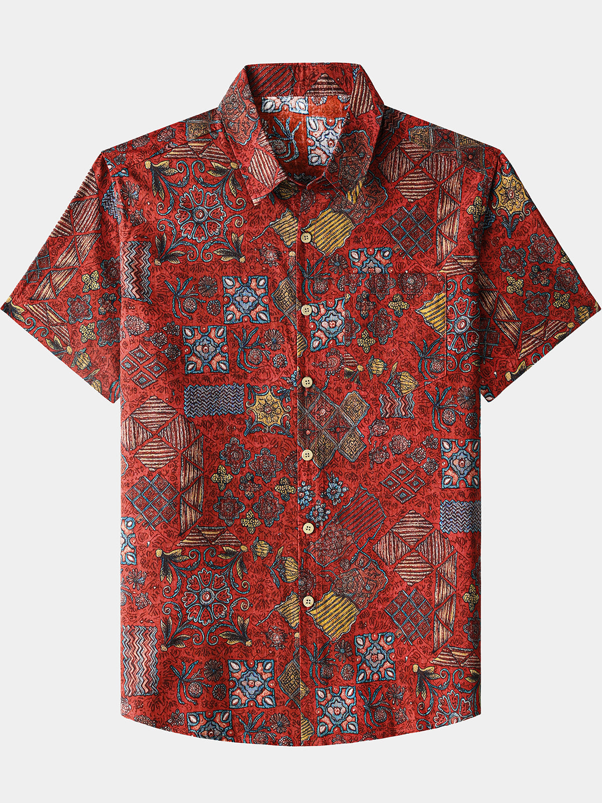 Chemise Homme Patchwork Géométrique Rouge