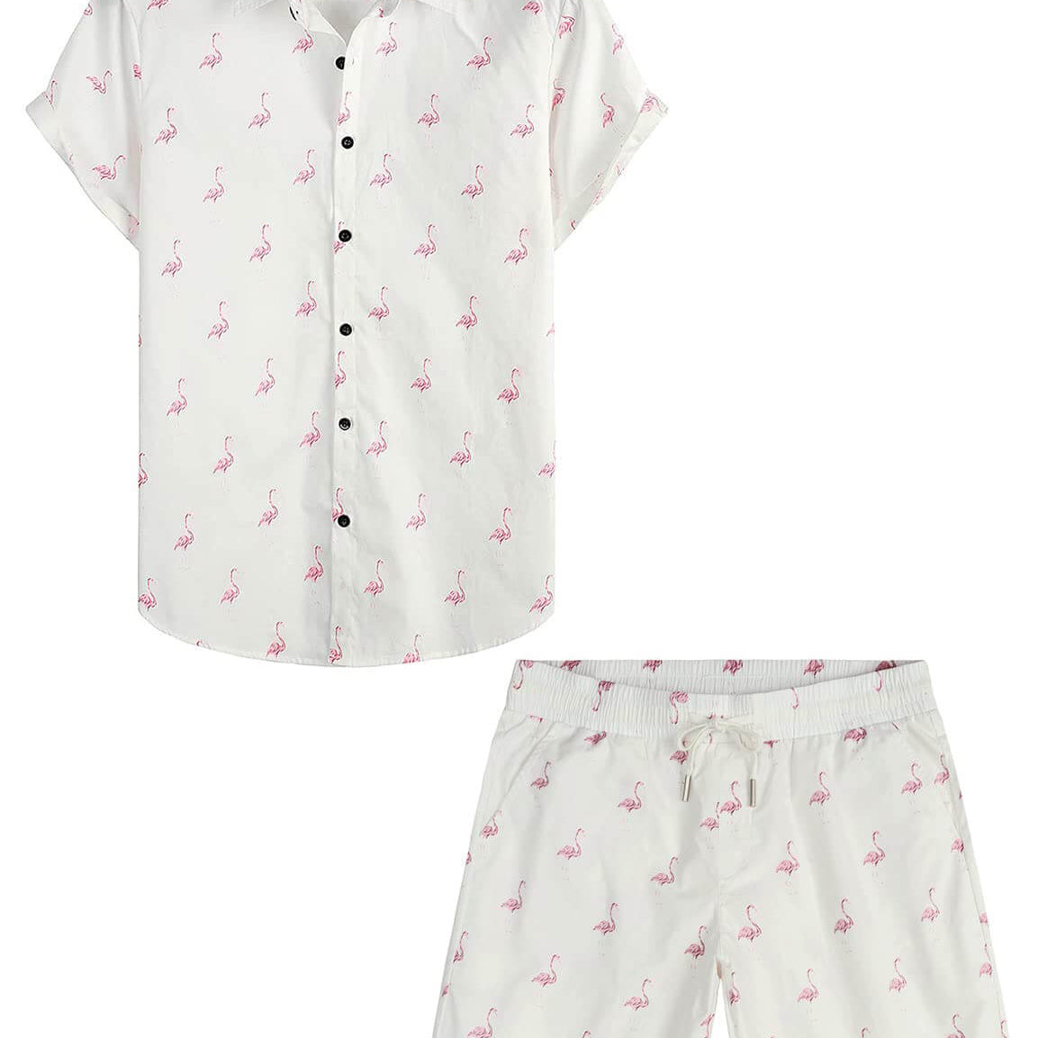 Ensemble chemise et short d'été à boutons de plage en coton blanc flamant rose pour homme