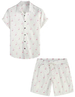Ensemble chemise et short d'été à boutons de plage en coton blanc flamant rose pour homme