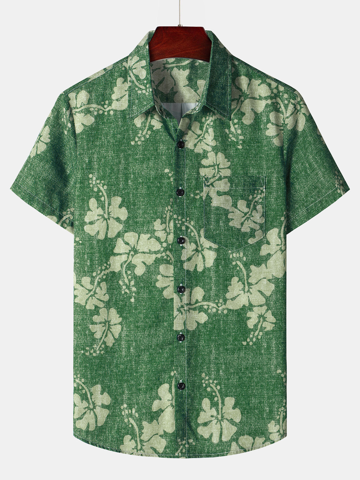 Chemise à manches courtes boutonnée verte avec poche hawaïenne florale pour hommes