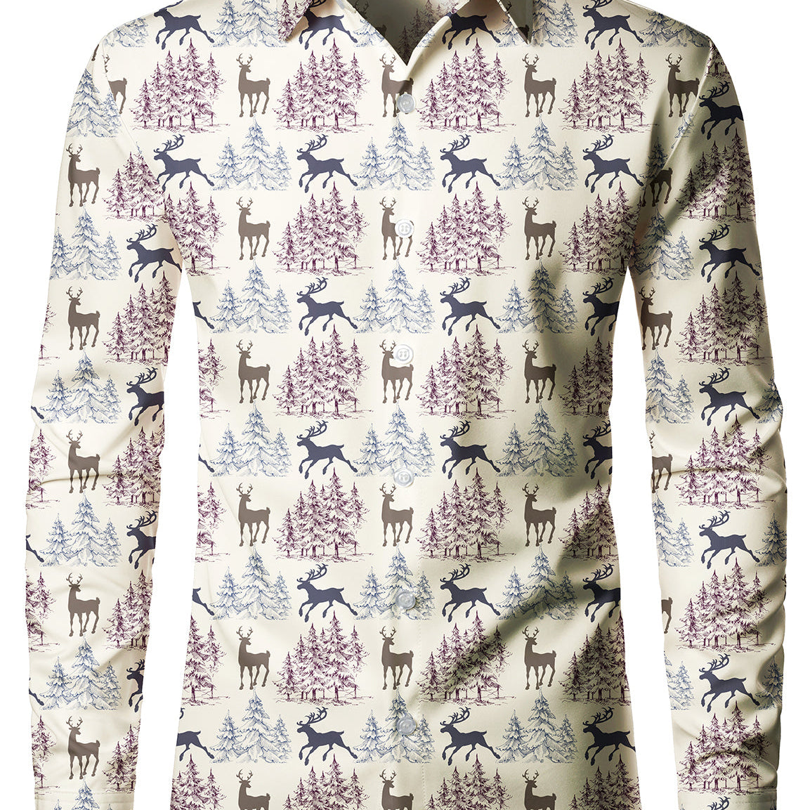 Chemise boutonnée à manches longues pour hommes, imprimé élan de noël, fête de vacances