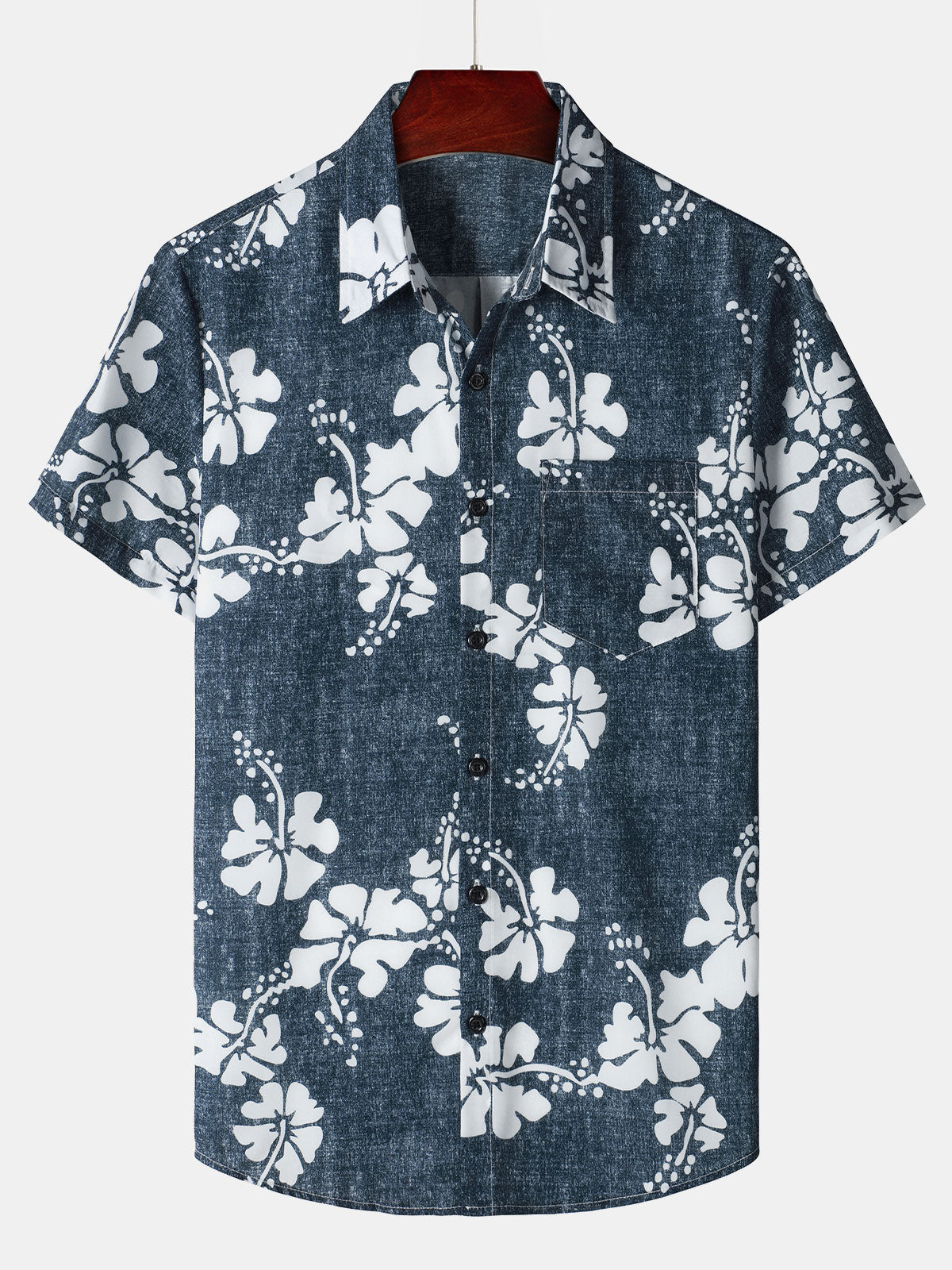Chemise à manches courtes boutonnée bleu marine avec poche hawaïenne florale pour hommes