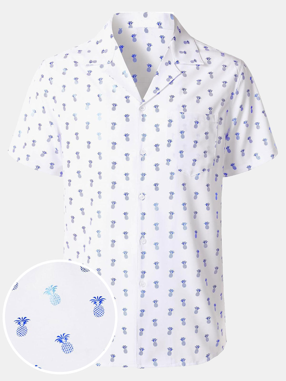 Chemise à manches courtes et col cubain pour homme, imprimé ananas bleu