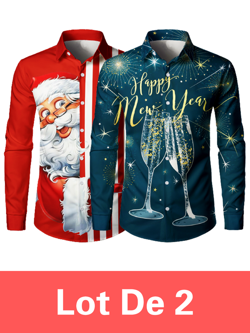 Lot de 2 | Chemises à manches longues pour hommes à rayures rouges et père Noël et bonne année