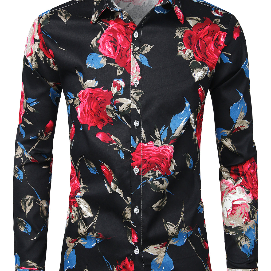 Chemise noire à manches longues en coton à imprimé floral pour hommes