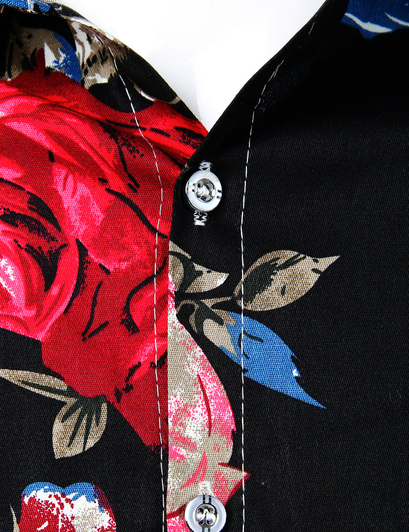 Chemise noire à manches longues en coton à imprimé floral pour hommes