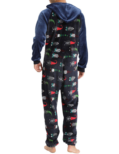 Pyjamas de Noël pour homme en flanelle à capuche avec poche zippée