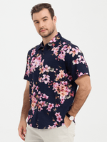 Chemise à manches courtes hawaïenne en coton à fleurs bleu marine pour homme