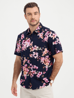 Chemise à manches courtes hawaïenne en coton à fleurs bleu marine pour homme