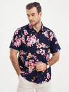 Chemise à manches courtes hawaïenne en coton à fleurs bleu marine pour homme