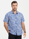 Chemise boutonnée à manches courtes en coton à imprimé feuilles tropicales bleues pour hommes