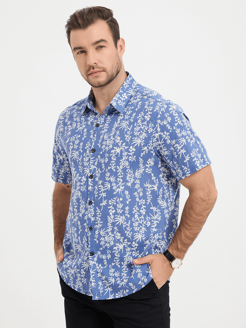 Chemise boutonnée à manches courtes en coton à imprimé feuilles tropicales bleues pour hommes