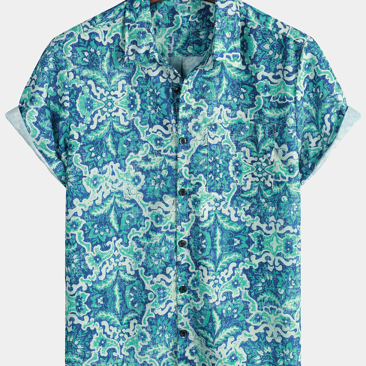 Chemise hawaïenne bleue à manches courtes pour homme avec poche tropicale et imprimé vintage