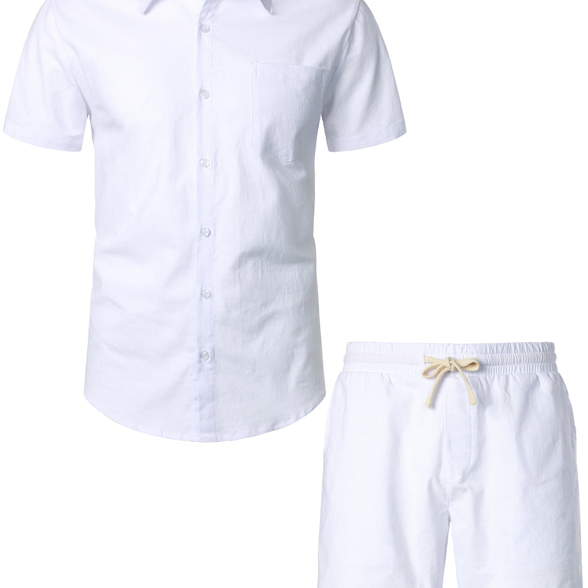 Chemises et shorts à manches courtes en coton et lin de couleur unie pour hommes