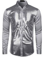 Chemise habillée pour homme paillettes argentées à manches longues boutonnée chemise disco Costume de fête
