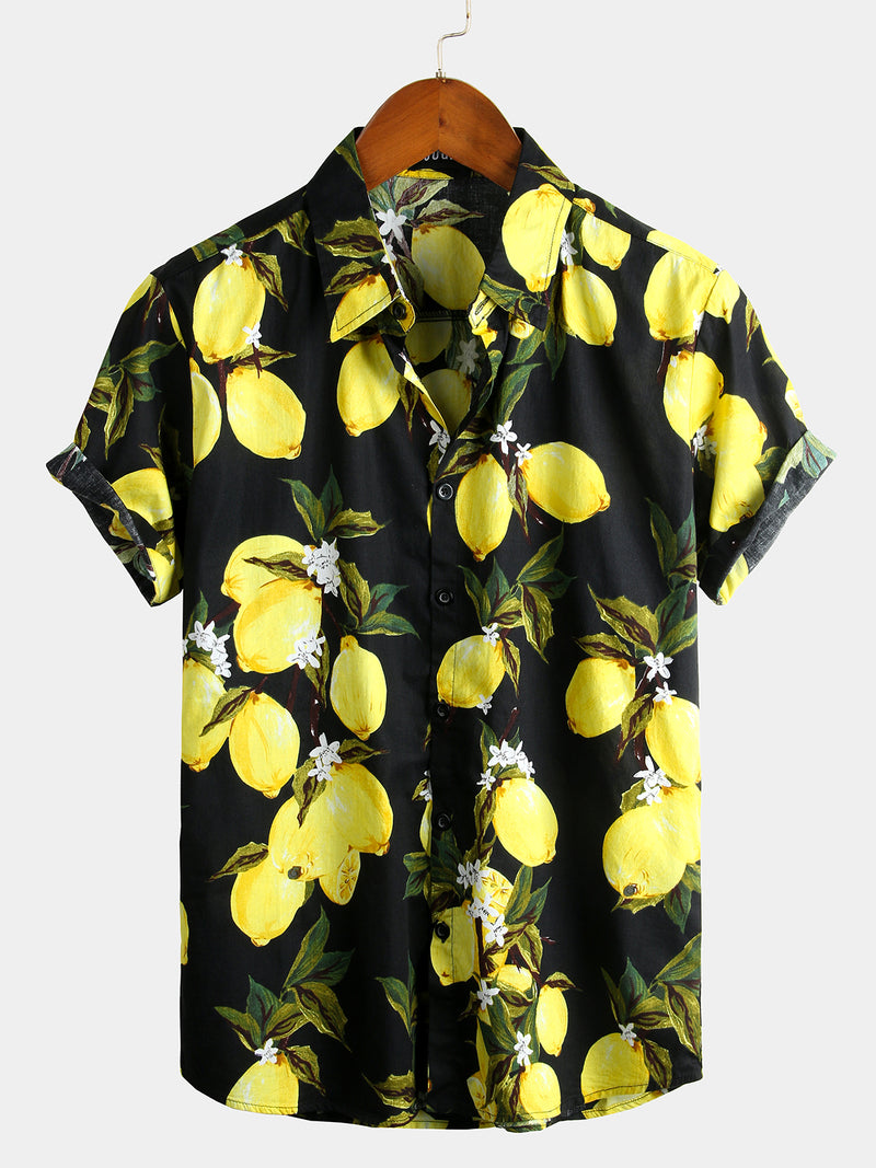Chemise à manches courtes hawaïenne à imprimé citron jaune tropical pour hommes