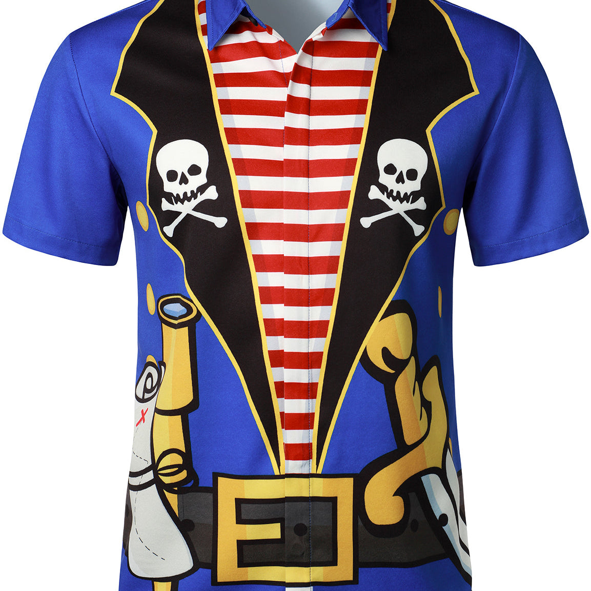 Costume de crâne de pirate pour homme Art Bleu foncé Croisière des Caraïbes Soirée à thème Halloween Chemise à manches courtes