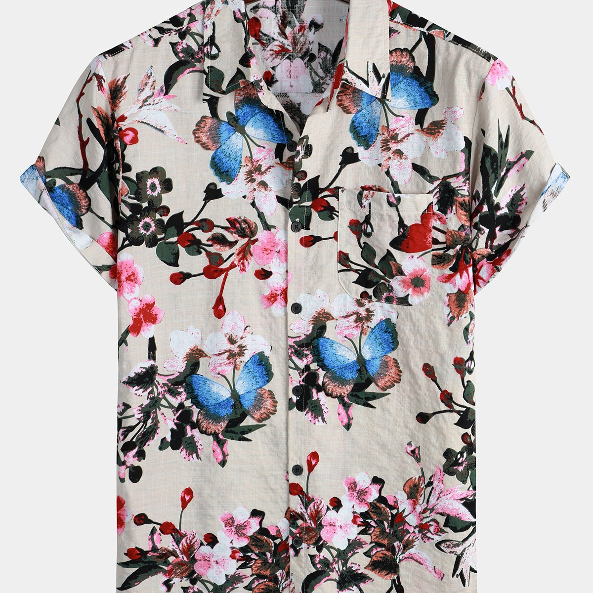 Chemise à manches courtes à imprimé floral papillon pour hommes
