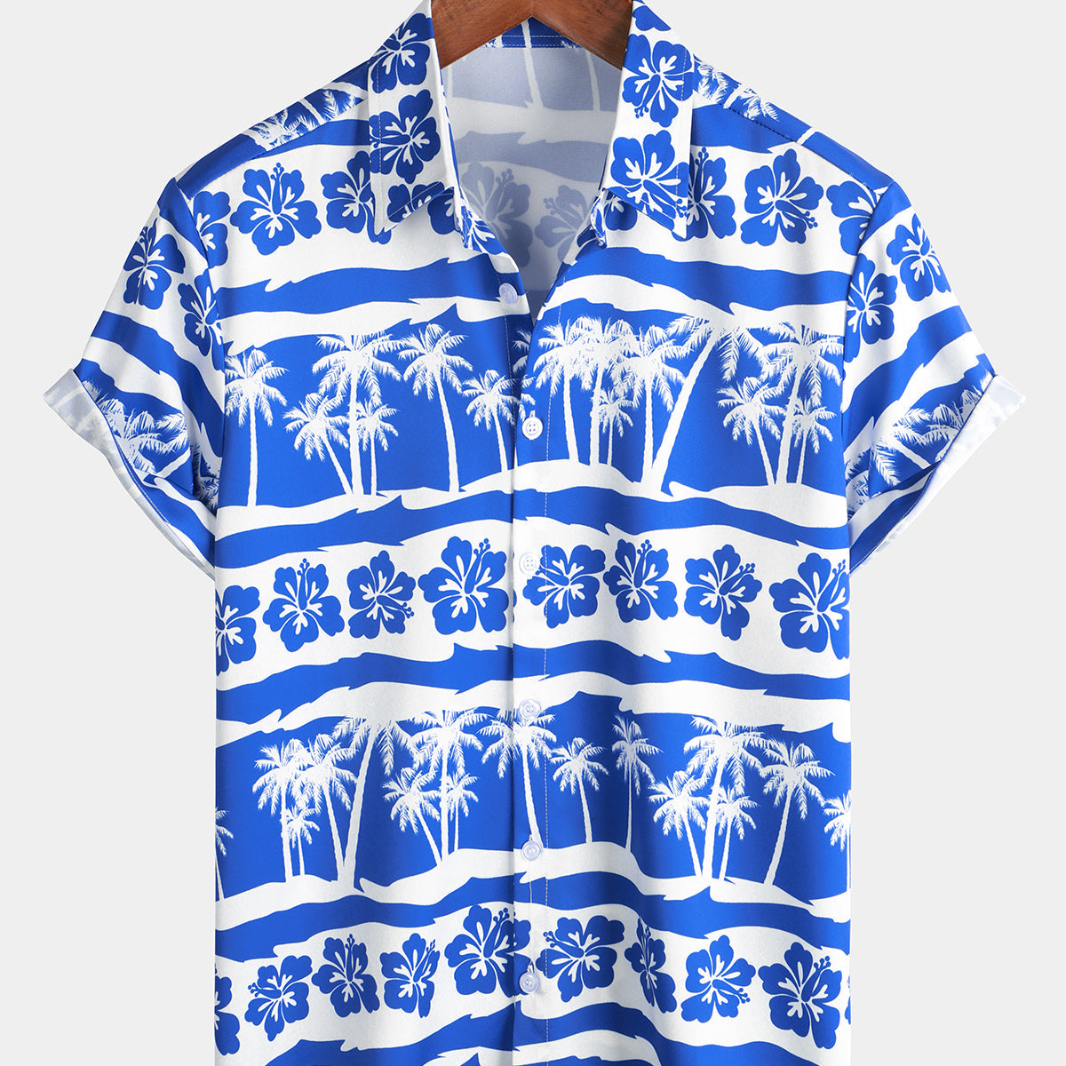 Chemise hawaïenne vintage à manches courtes pour hommes, imprimé palmier floral tropical, bleu boutonné
