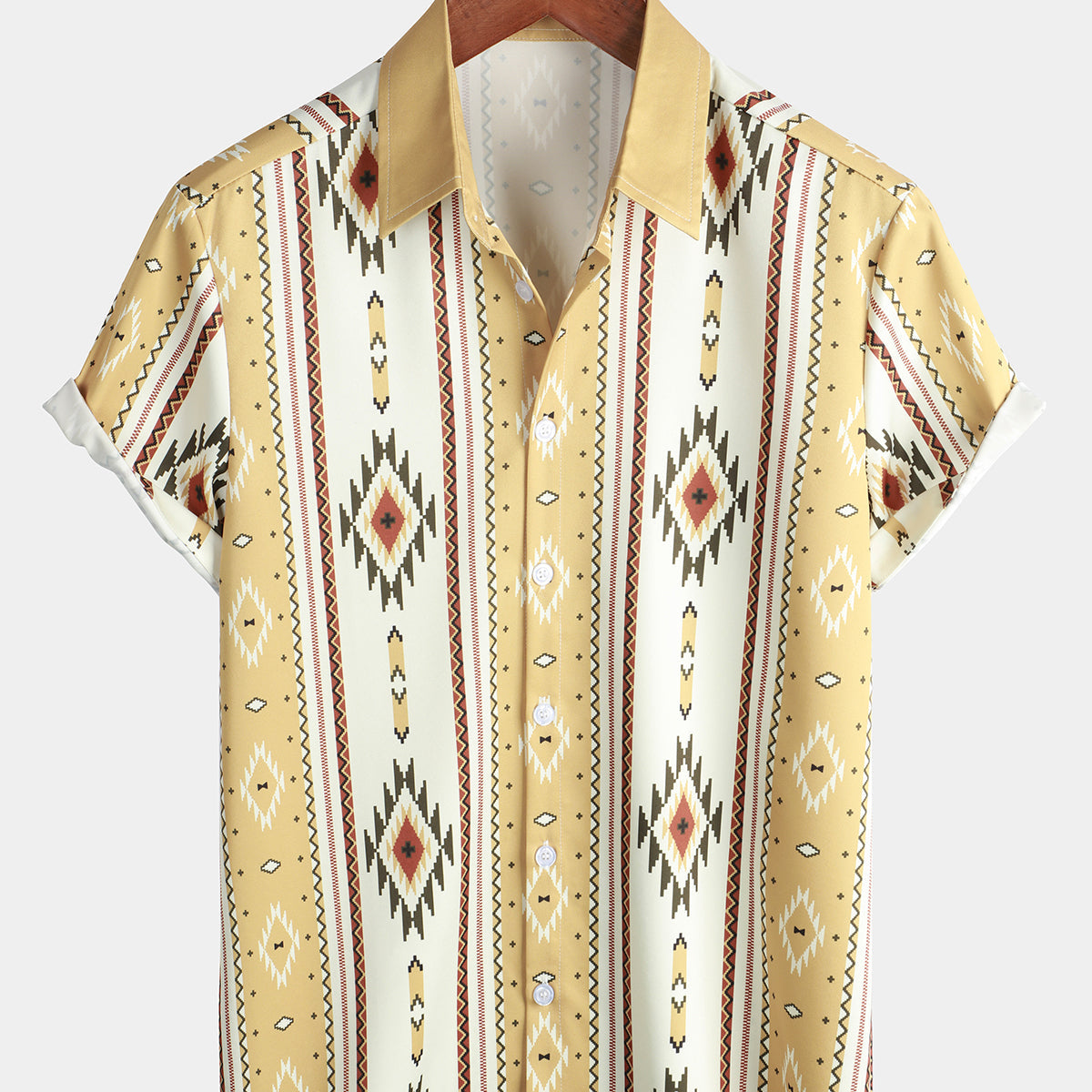 Chemise boutonnée à imprimé aztèque rétro des années 70 à rayures verticales pour hommes