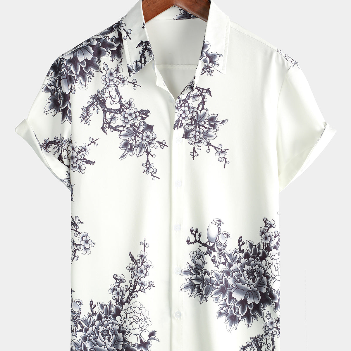 Chemise de villégiature décontractée à manches courtes à imprimé fleuri gris pour hommes