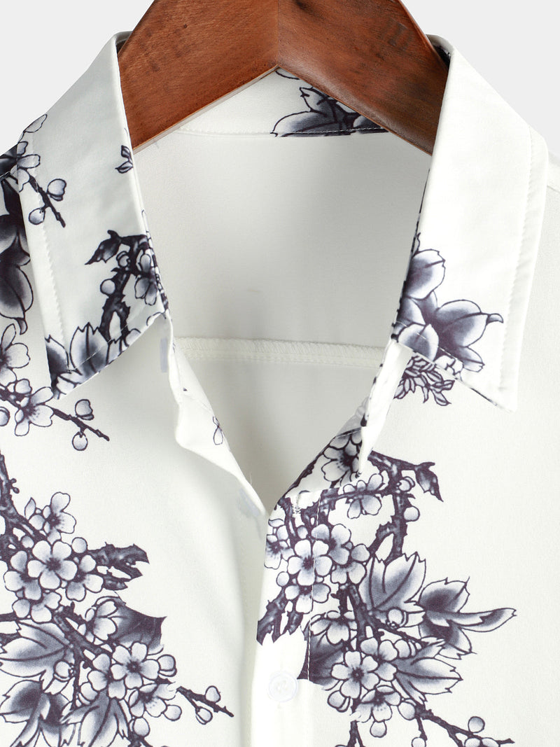 Chemise de villégiature décontractée à manches courtes à imprimé fleuri gris pour hommes