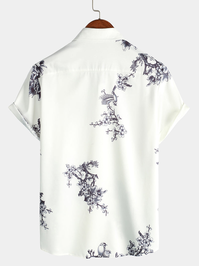 Chemise de villégiature décontractée à manches courtes à imprimé fleuri gris pour hommes