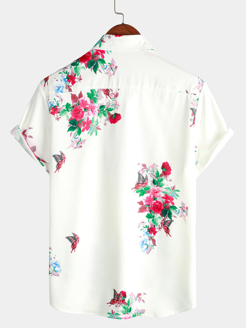 Chemise à manches courtes à boutons de vacances décontractées à motif floral pour hommes