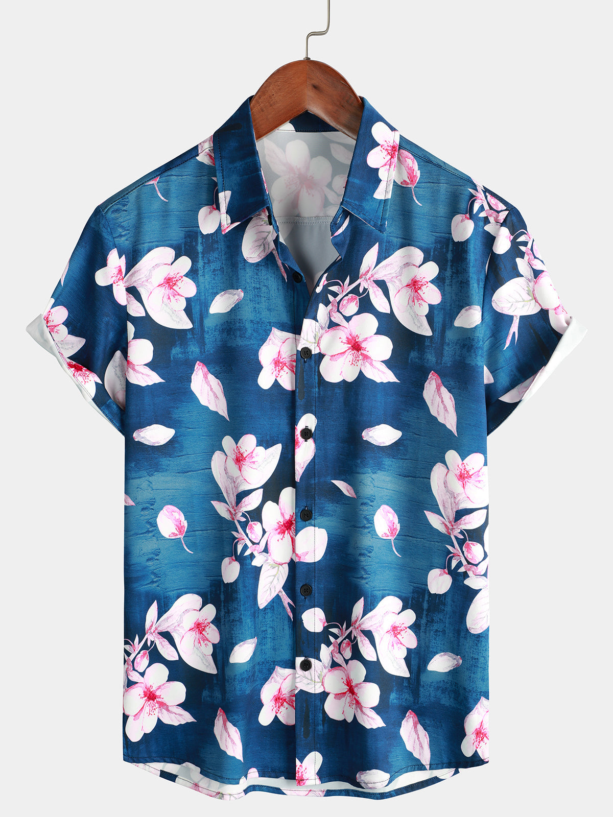 Chemise d'été boutonnée à imprimé floral pour hommes, revers décontracté, bleu marine, manches courtes