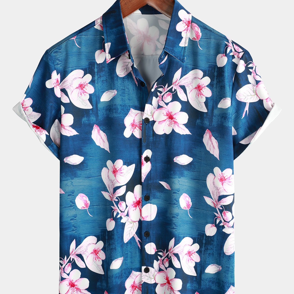 Chemise d'été boutonnée à imprimé floral pour hommes, revers décontracté, bleu marine, manches courtes