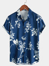 Chemise décontractée à manches courtes pour hommes imprimé floral et oiseau bleu marine