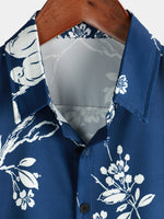 Chemise décontractée à manches courtes pour hommes imprimé floral et oiseau bleu marine