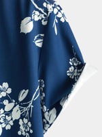 Chemise décontractée à manches courtes pour hommes imprimé floral et oiseau bleu marine