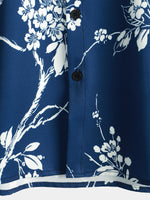 Chemise décontractée à manches courtes pour hommes imprimé floral et oiseau bleu marine