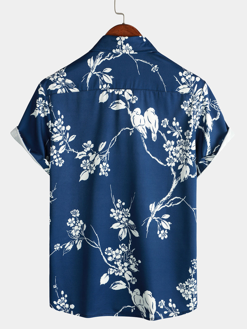 Chemise décontractée à manches courtes pour hommes imprimé floral et oiseau bleu marine