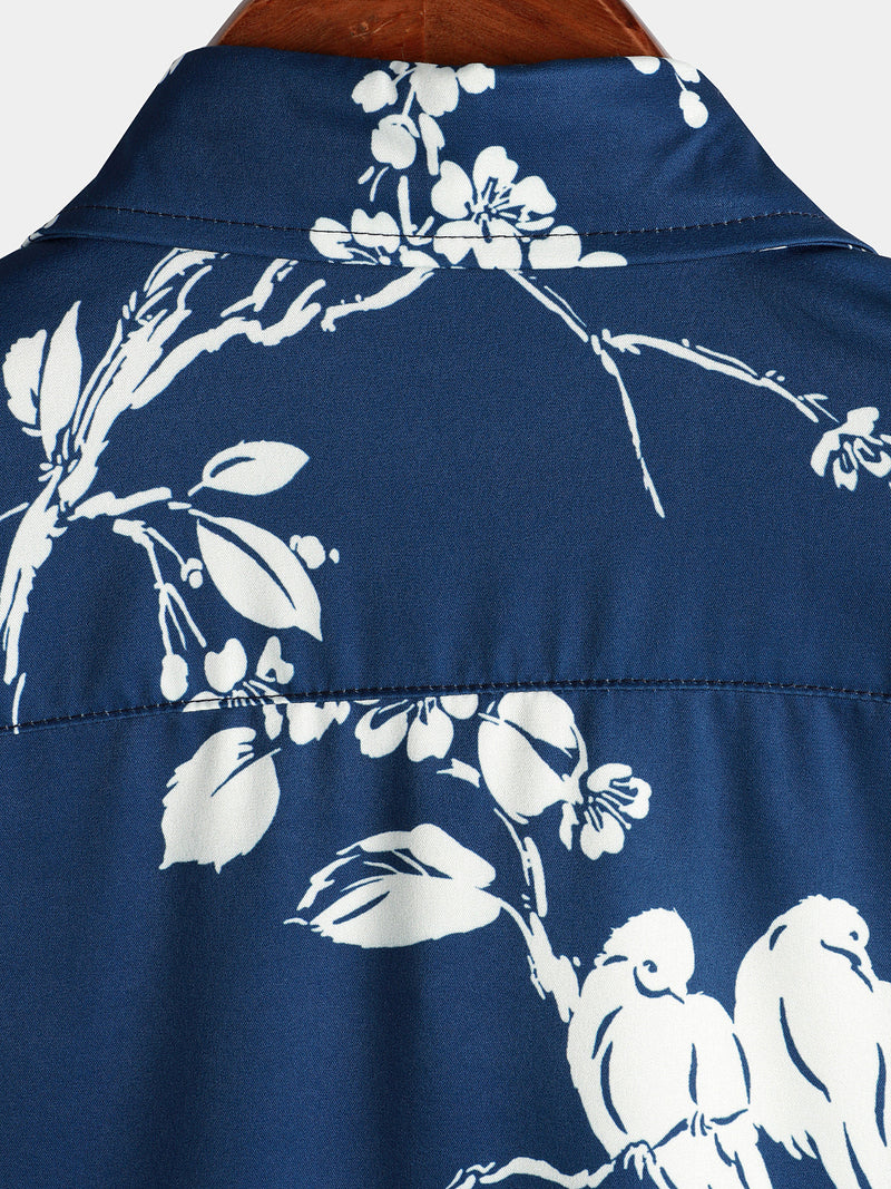 Chemise décontractée à manches courtes pour hommes imprimé floral et oiseau bleu marine