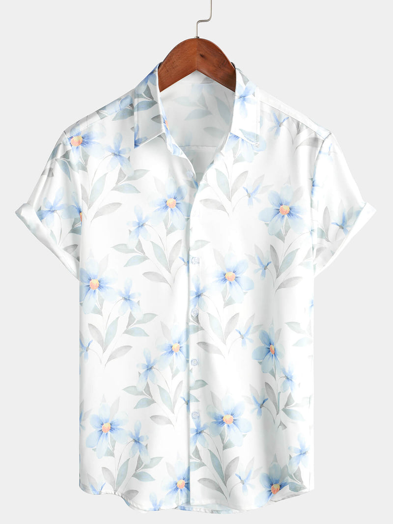 Chemise de plage à manches courtes pour homme avec imprimé floral bleu décontracté