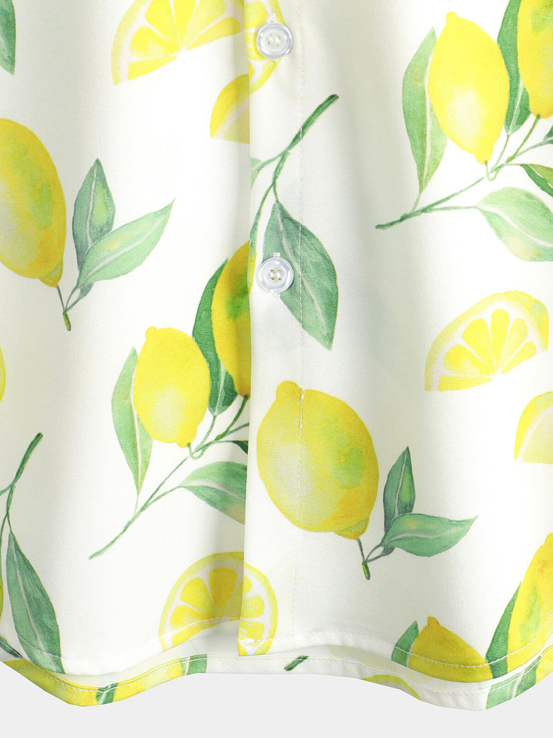 Chemise hawaïenne boutonnée à manches courtes à imprimé citron et fruits pour hommes
