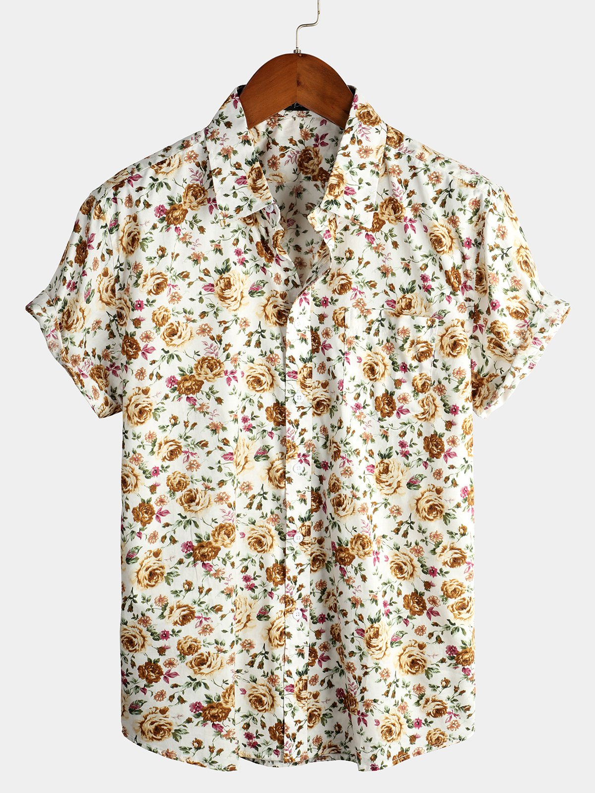 Chemise à manches courtes en coton à imprimé rose pour homme