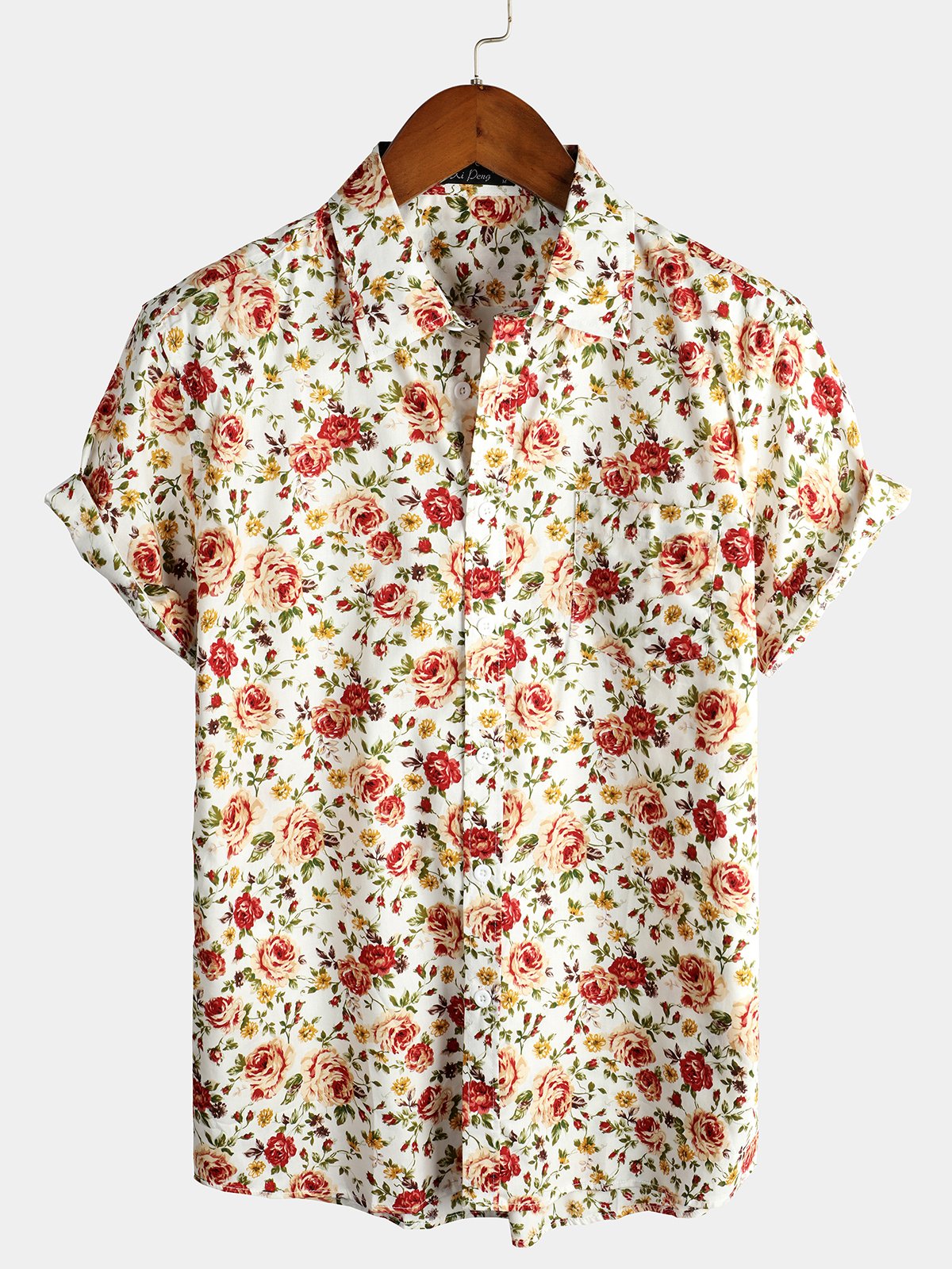Chemise à manches courtes en coton à imprimé rose pour homme