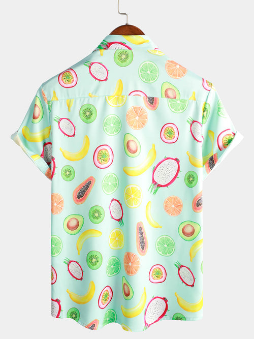 Chemise hawaïenne de plage boutonnée à manches courtes pour homme avec imprimé tropical et fruits verts