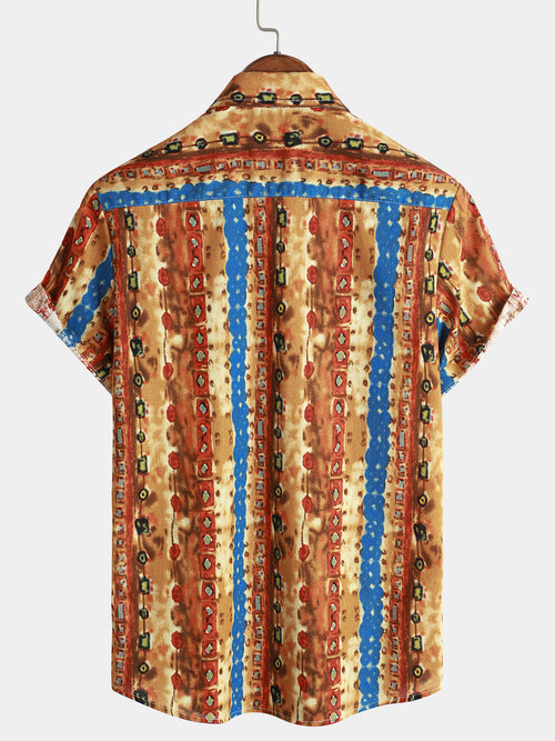 Chemise à manches courtes avec poche à rayures colorées tribales pour hommes