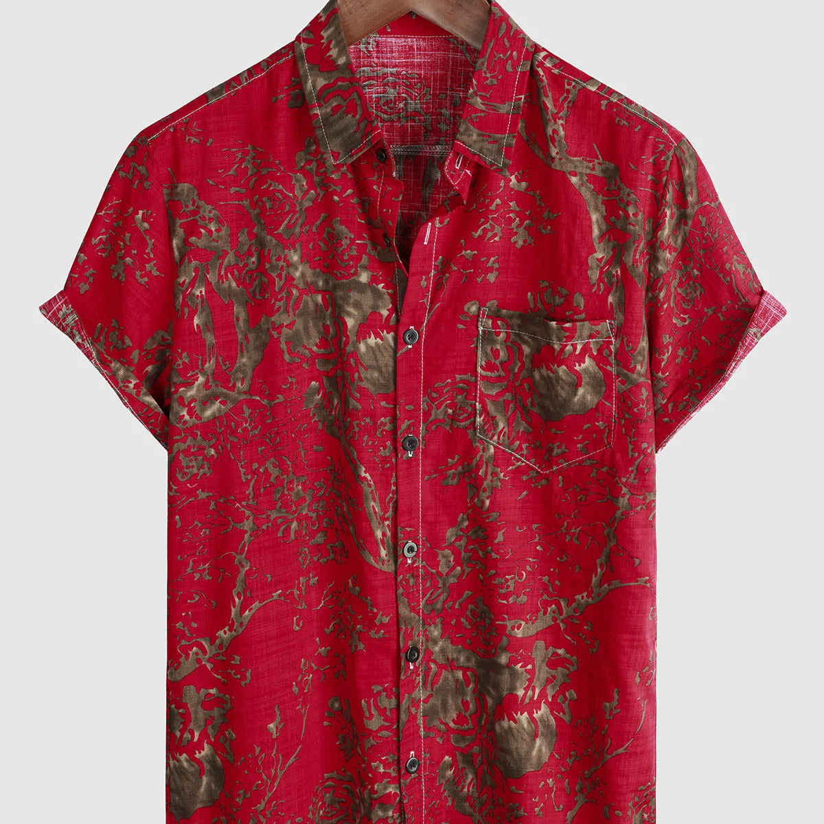 Chemise à manches courtes bouton rouge avec poche tribale en coton imprimé rétro vintage pour hommes